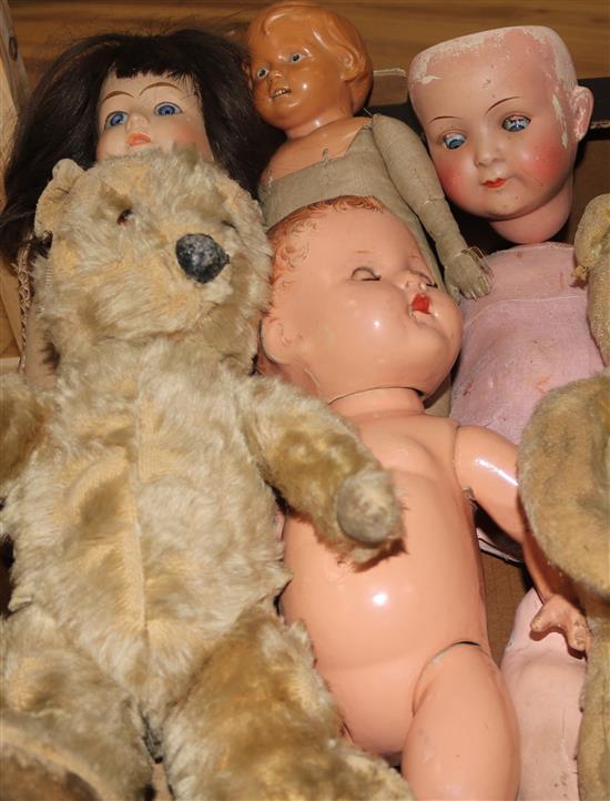 Two teddy bears and a collection of dolls